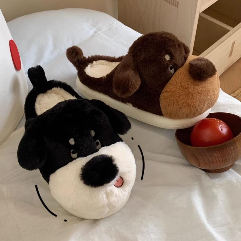 Fashion Cute Cartoon Dog Winter Fluffy Slippers For Women Men Home Floor Cotton Shoes Soft Faux Fur Couples Indoor Funny Slipper