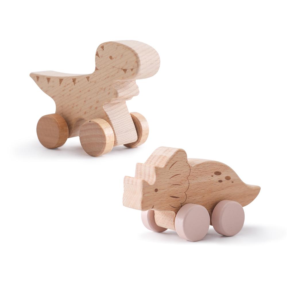 Dinosaur Cartoon Car Montessori Wooden Teether Toy for Infants Toddlers - Sensory Developmental Pretend Play Baby Teething Toy
