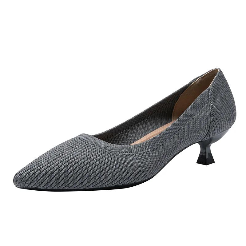 Pointed Toe Solid Color Stretch Knitted Shoes Pumps Slip On Sole Low Heels Breathable Loafers Women Mesh Shallow Sock Shoes