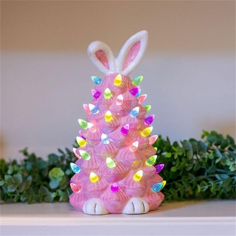 Easter Decoration White Pottery Rabbit Figurines Led Glowing Animal Ornament Rabbit Tree Crafts for Easter Party Decor