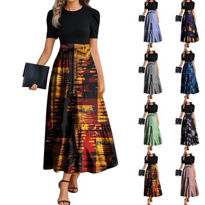 Women's Fashion Casual Belted Short Sleeve Round Neck Geometric Splicing Elegant Temperament Dresses