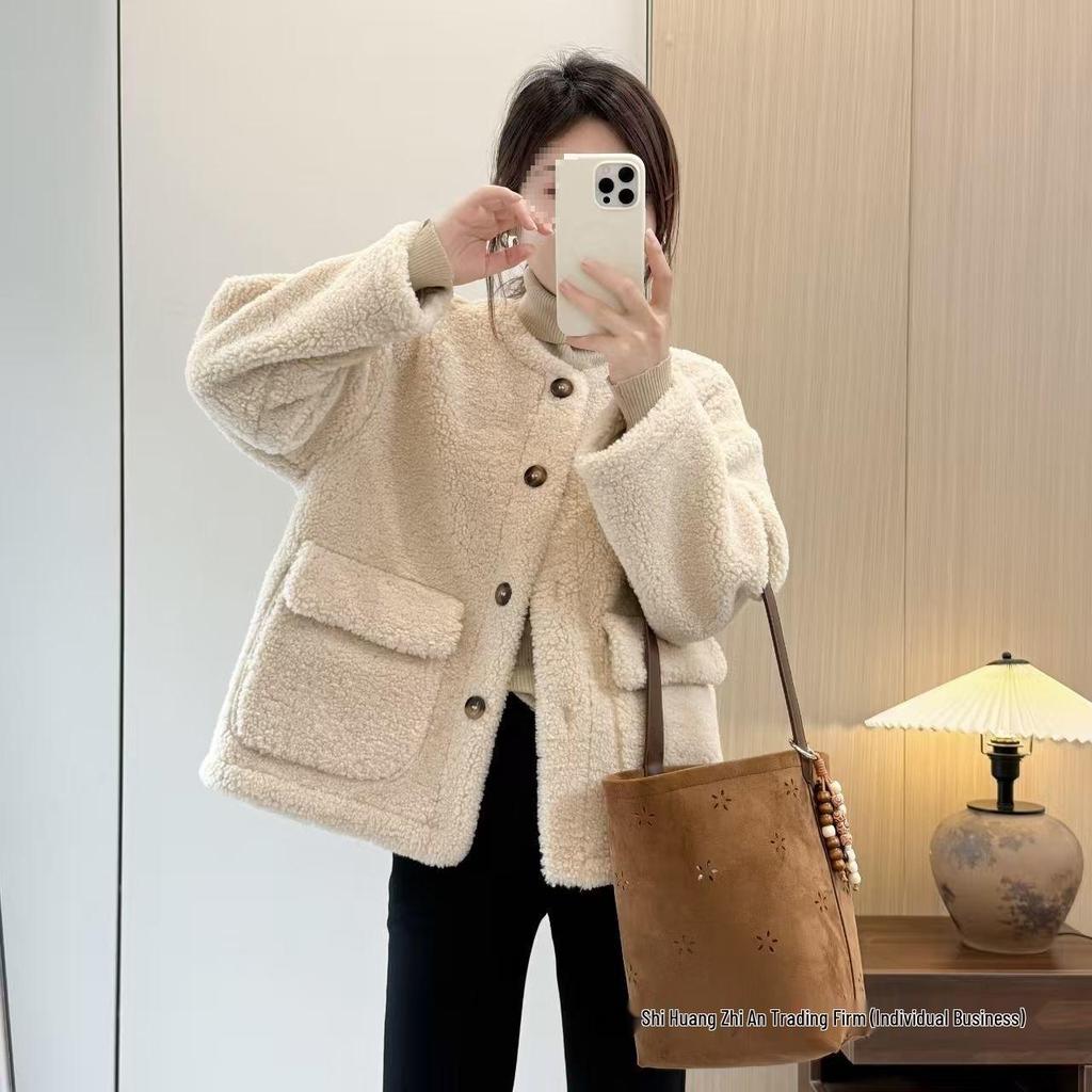 Women's Shearling Coat 2025 Autumn/Winter: Versatile Korean Style, Age-Reducing Loose Fit, Round Neck Top