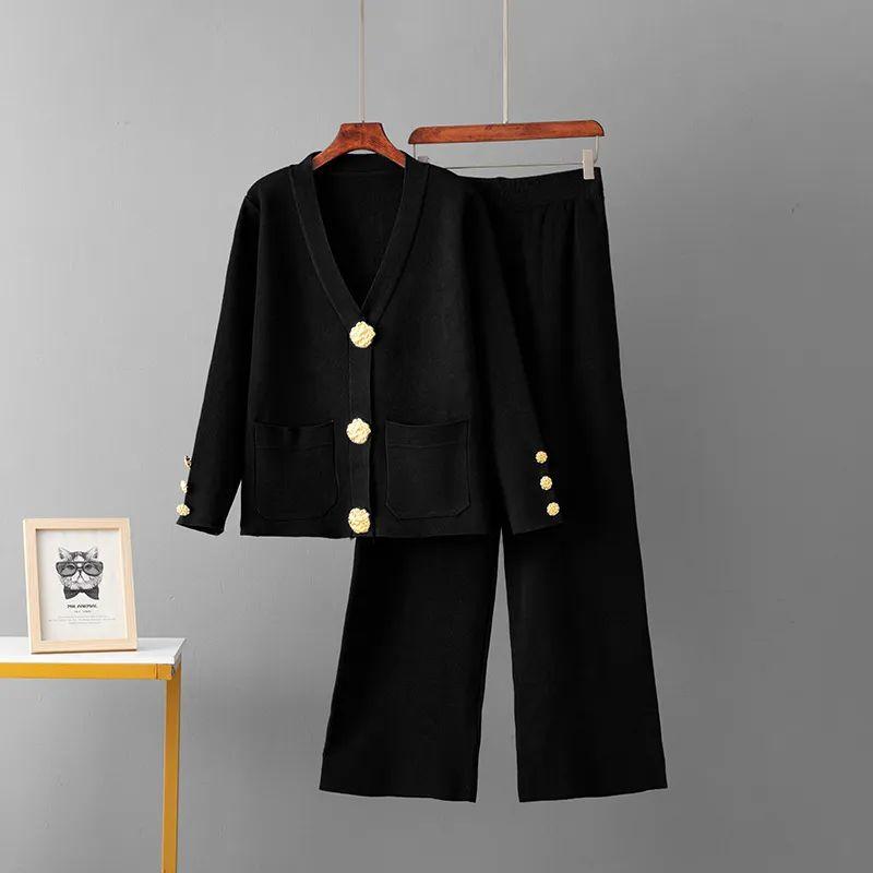 Cross-Border European Goods Casual Fashion Two-piece Set Women Autumn and Winter Versatile Metal Buckle Knit cardigan Sweater Wide Leg Pants Set