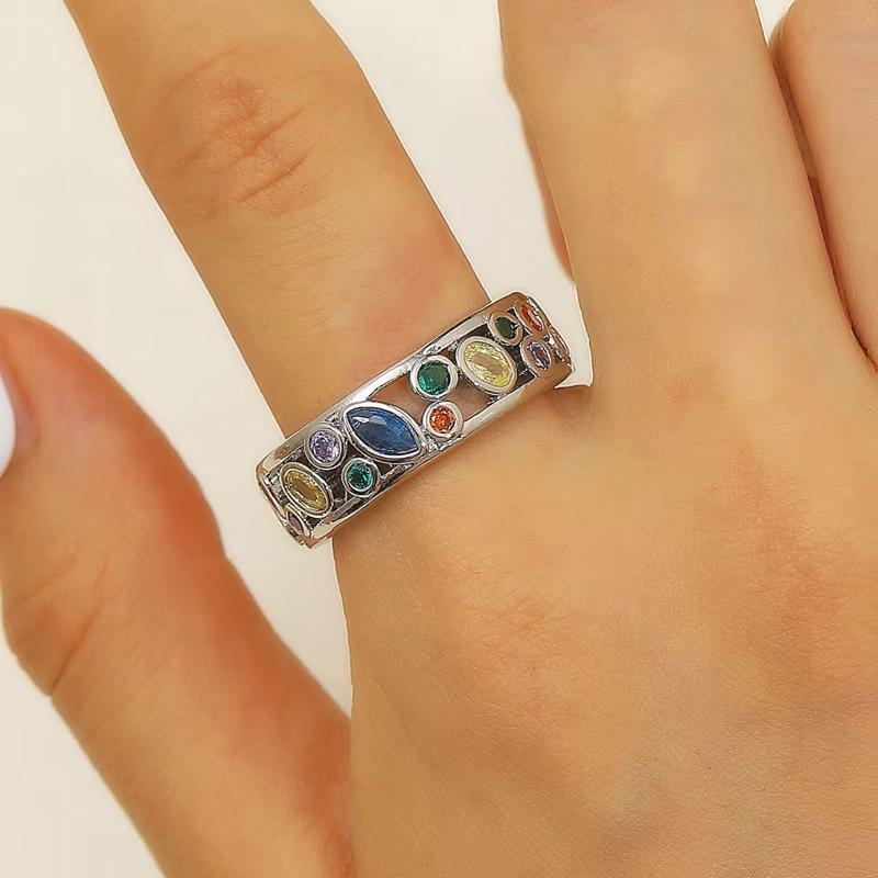 Exquisite Colorful Crystal Zircon Geometric Open Ring For Women Simple Copper Hollowed Out Stacked Finger Ring Fashion Jewelry