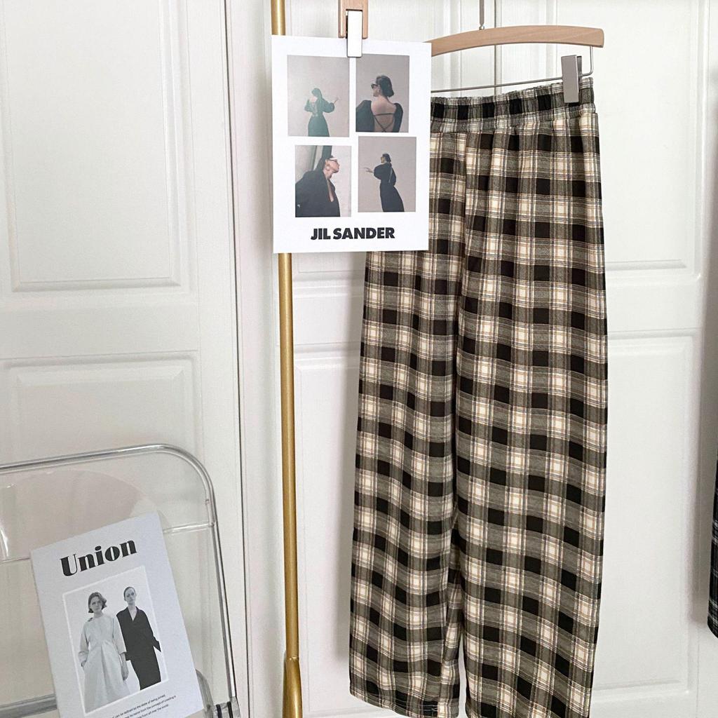 Damen Hochtaillierte Fleecegefütterte Woll-Plaid Weitbeinige Hose