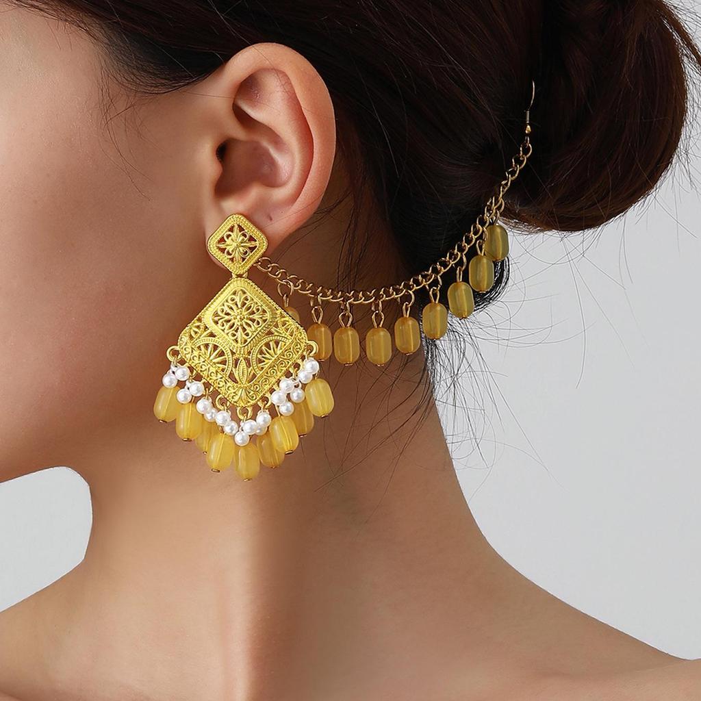 Bohemian Exotic Rhinestone Tassel Necklace & Earrings Set In Antiqued Alloy