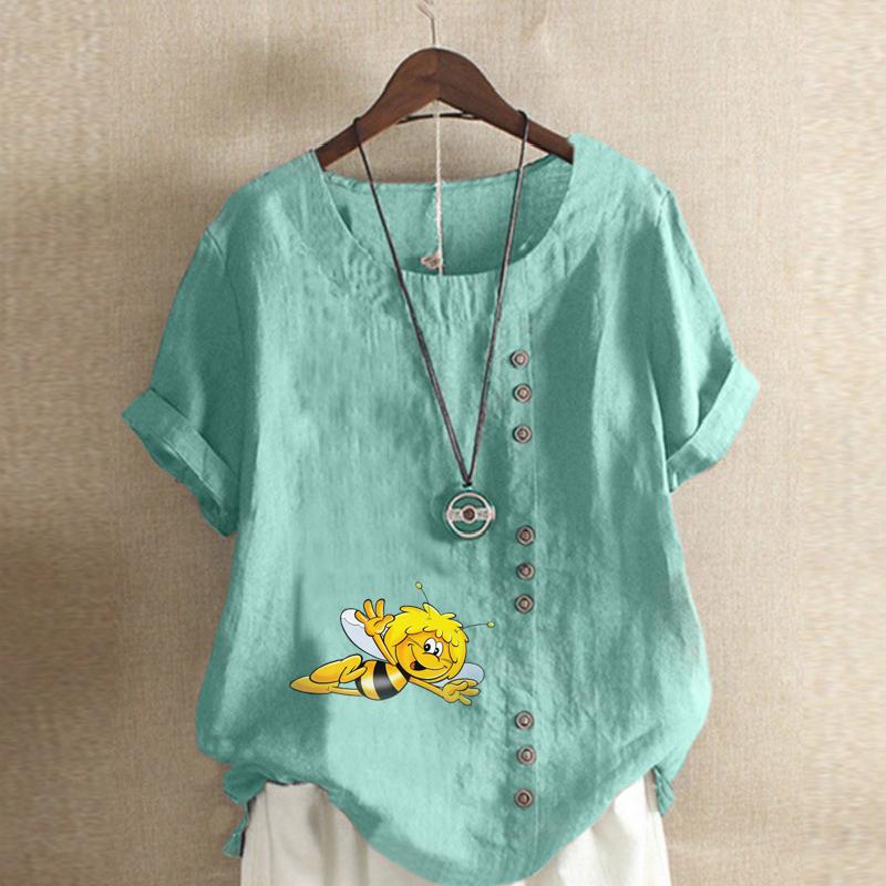 Women's New Fashion Linen Shirt Round Neck Short Sleeve Honeybee Printed T-shirt Summer Ladies Casual Plus Size Blouse Tops