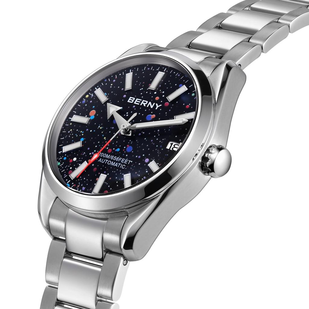 BERNY Automatic Watch for 200M Waterproof Super Luminous Mechanical Full Stainless Analog Sapphire Calendar Included Men, Men's Watch, Silver, Watch,