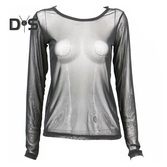 Women Club Top See Through Ultrathin Mesh Long Sleeve Solid Color Soft Breathable Round Neck Pullover Elastic Slim Fit Punk Beach Top
