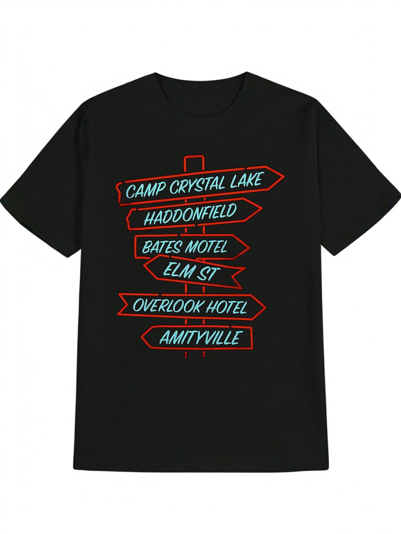 Casual Crew Neck T-shirt with Retro Road Sign Print - Camp Crystal Lake L