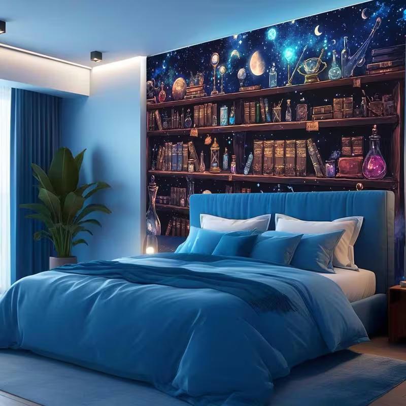 2D Gothic Apothecary Bookshelf Backdrop, Starry Night Magic Room Background