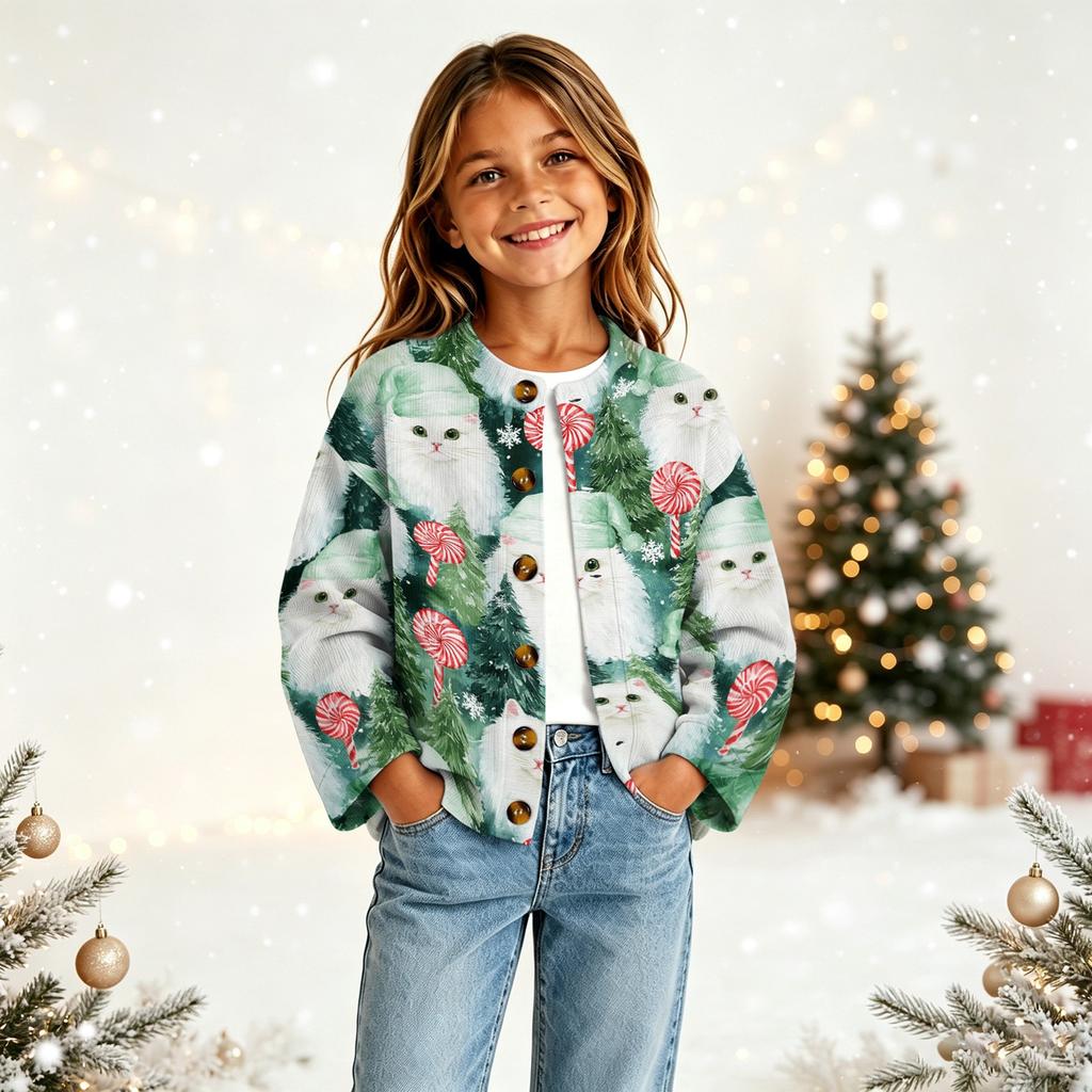 Modischer Cardigan mit Knöpfen und Weihnachtsdruck für Mädchen, für Feiertagsoutfits und den täglichen Gebrauch