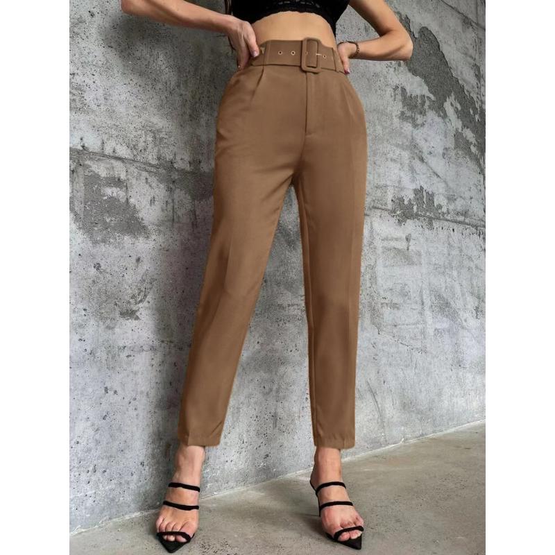 New Women's Casual Pants, Slim Fit Straight Leg Stretch Trousers with Belted Waist, Solid Color Office Wear Cropped Pants