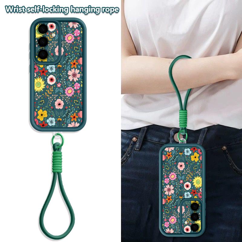 Flowers Patterned Phone Case For Samsung Galaxy S26 S25 S24 Ultra S23 S25 FE A57 A37 A17 A56 A16 A55 A54 A15 Wrist Lanyard Cover