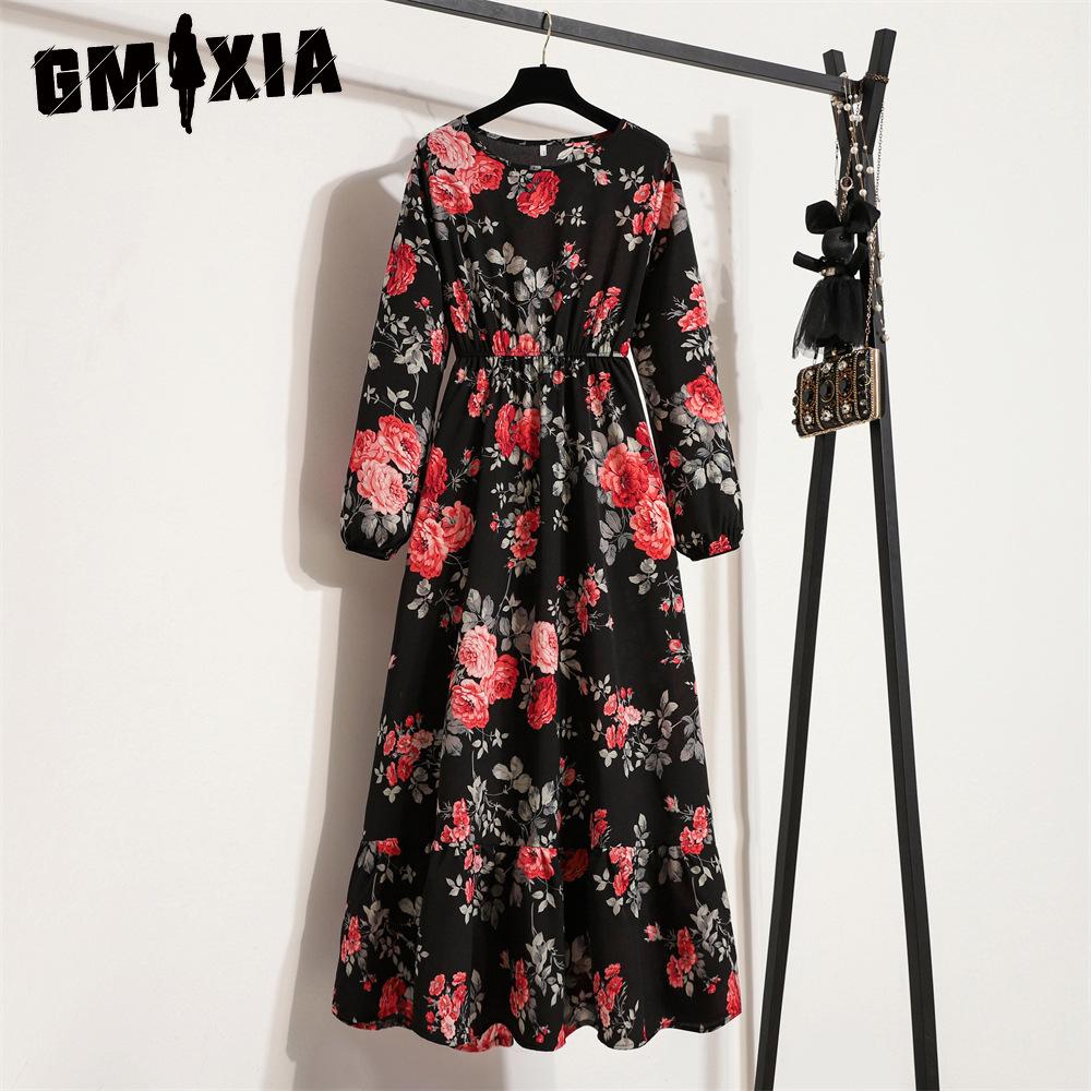 GMXIA 25 Colors Spring Women Maxi Dresses Casual Long Sleeve Floral Print O-Neck Ladies Long Dress Bohe Beach Party Mujer Vestidos Muslim Dress