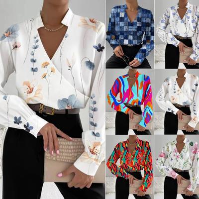 Kadın çiçek geometrik baskı gömlek üstleri standı yaka v yaka uzun kollu ofis bayan sonbahar rahat kazak bluz streetwear