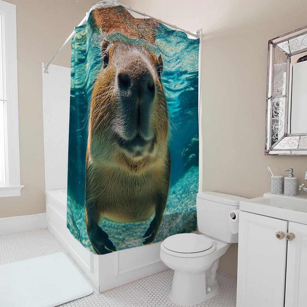 Funny Underwater Capybara Shower Curtain, Cute Animal Swimming Art, Bubbles & Blue Ocean Aesthetic Bathroom Decor