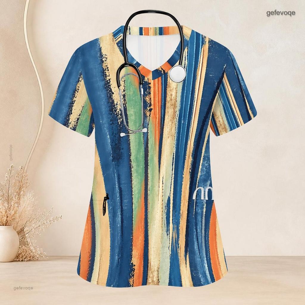 Women Plus Size Printed Nurse Scrub Top V Neck Short Sleeve With Front Pockets