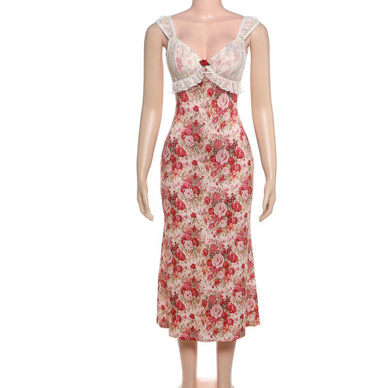 

European and American Summer New Retro Temperament V-neck Lace Stitching Sexy Slim fit Floral Dress Women Palace Style Red M