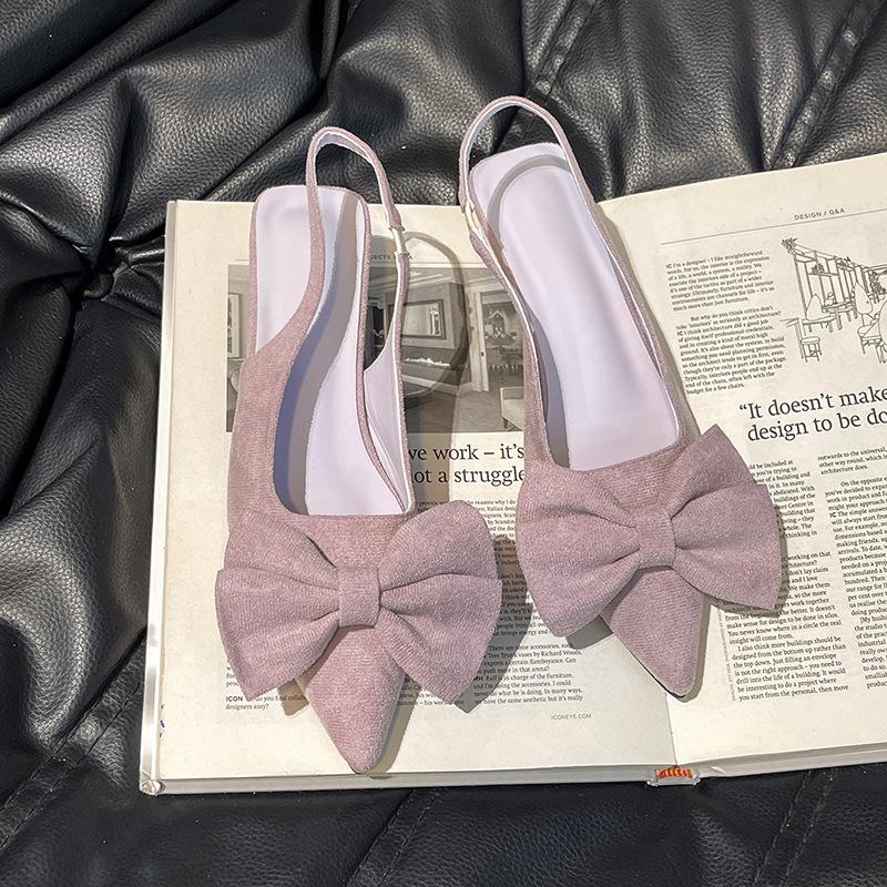 French silver pointed single shoes bow high heel sandals summer new fashion low heel rear empty light mouth slippers women