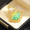 High-end Chinese elegant green oil-dripping treasure gourd brooch with diamonds hollowed out gold gourd natural pearl pin female
