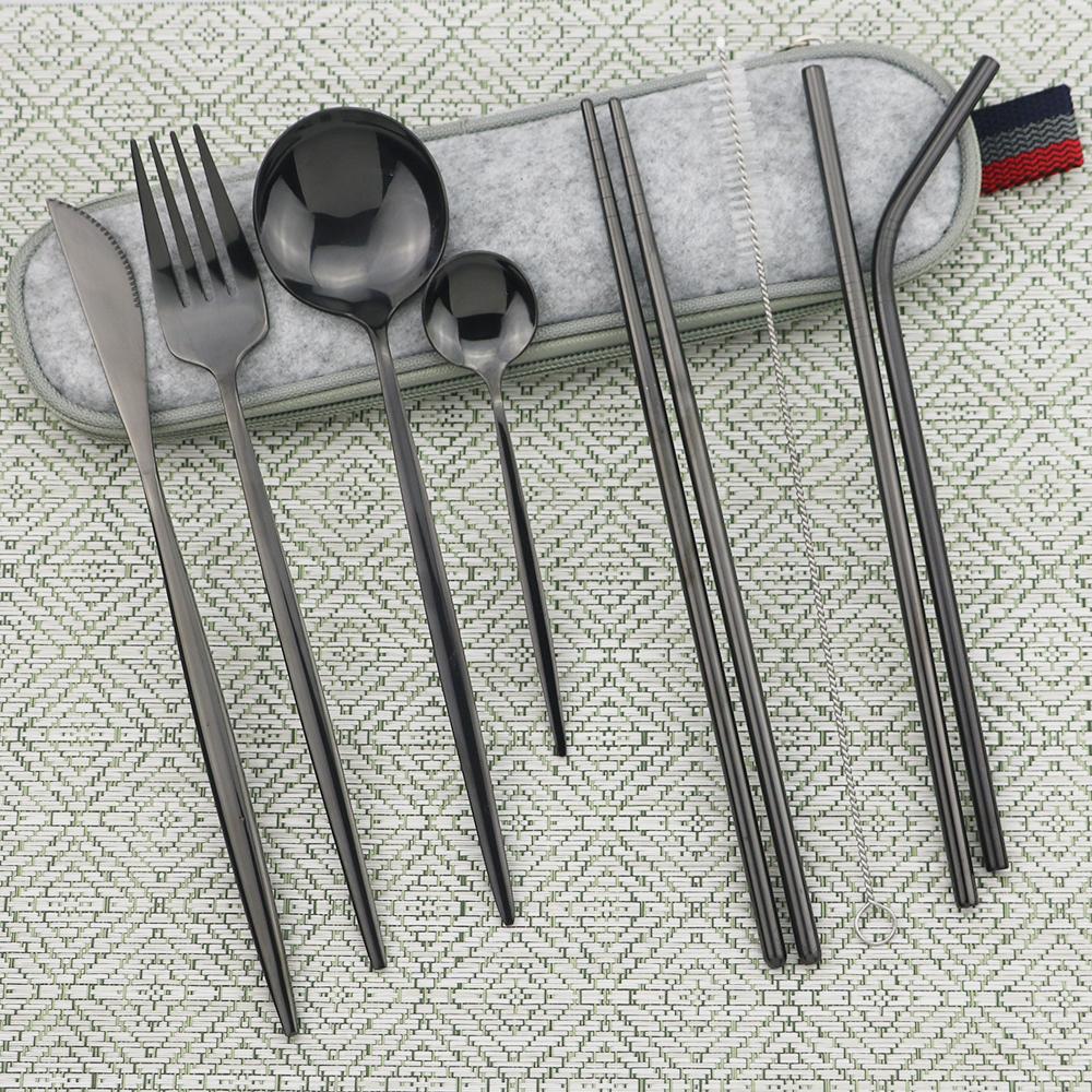 9pcs/Set Travel Cutlery Set Portable Gold Dinnerware Set Stainless Steel Tableware Set With Metal Straw Brush Chopsticks Bag