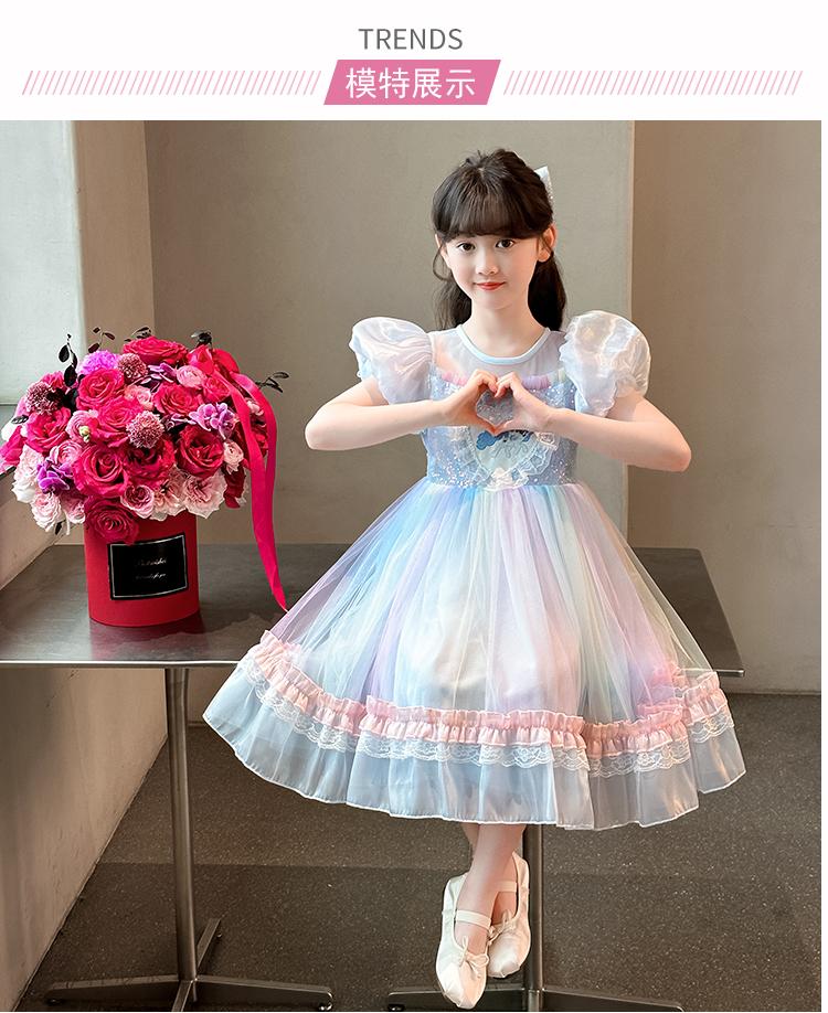 Girls' dress summer 2026 new style girls' big girl summer trendy bubble sleeves ponytail dress summer princess dress trend