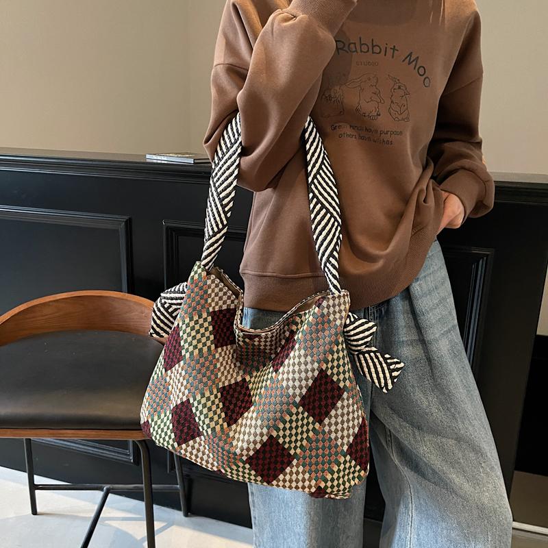 Color Block Tote Bag Women Print Plaid Shoulder Bag