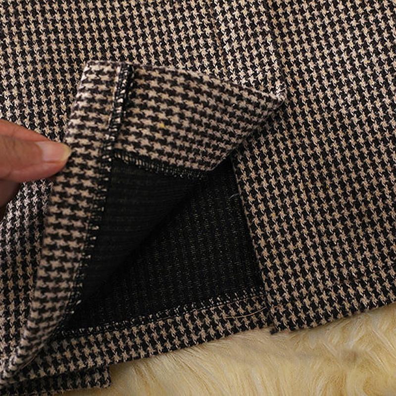 Women Plaid Wool Blend Midi Belted Skirts High Waist Slim Houndstooth A-Line Knee Length Skirt