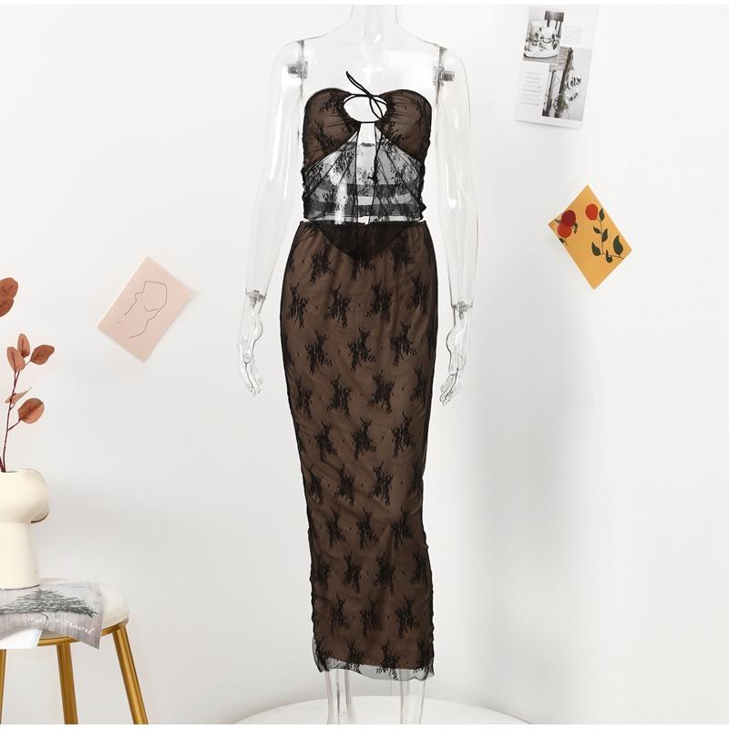 Sexy Liebsten Spitze Druck Röcke Sets Frauen Durchsichtig Crop Top Langen Rock Passenden Set Weibliche Nacht Club Party Zwei stück Anzug