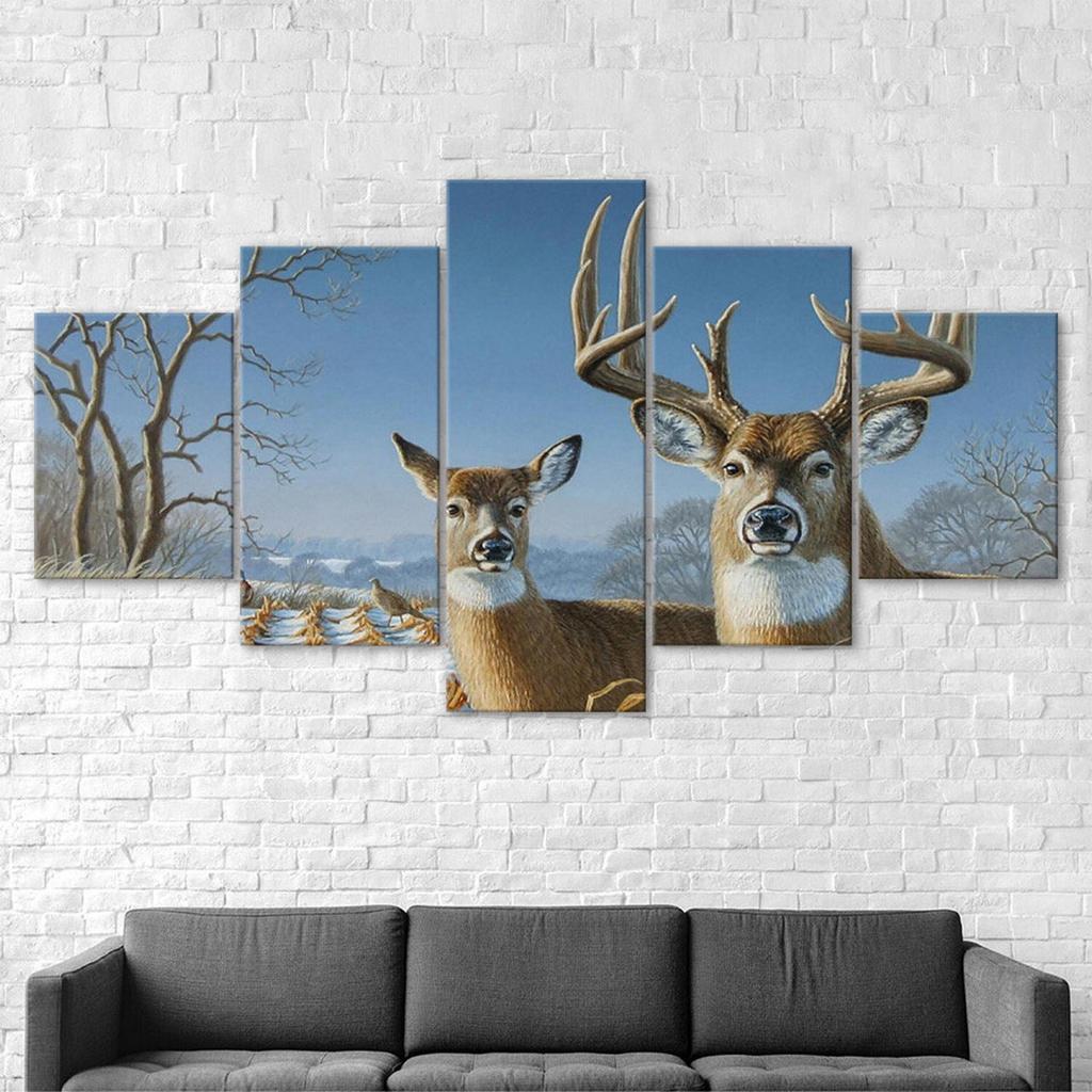 Deer Family Winter Scenery 5 Piece Five Panel Wall Canvas Print Modern Art Poster Picture Home Decor Gift For Him For Her