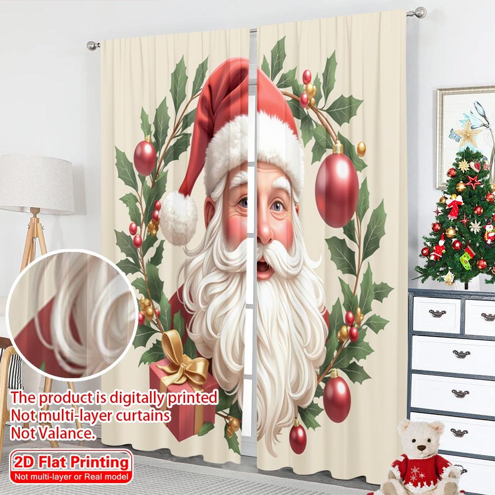2pcs 2D Flat Printing Christmas Drapes Christmas Santa Claus Holly Ornaments 100% Polyester Fabric Without Electricity Party