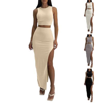 Summer Long Skirt, Round Neck, Solid Color Slit, Sexy Hip-hugging Skirt Suit