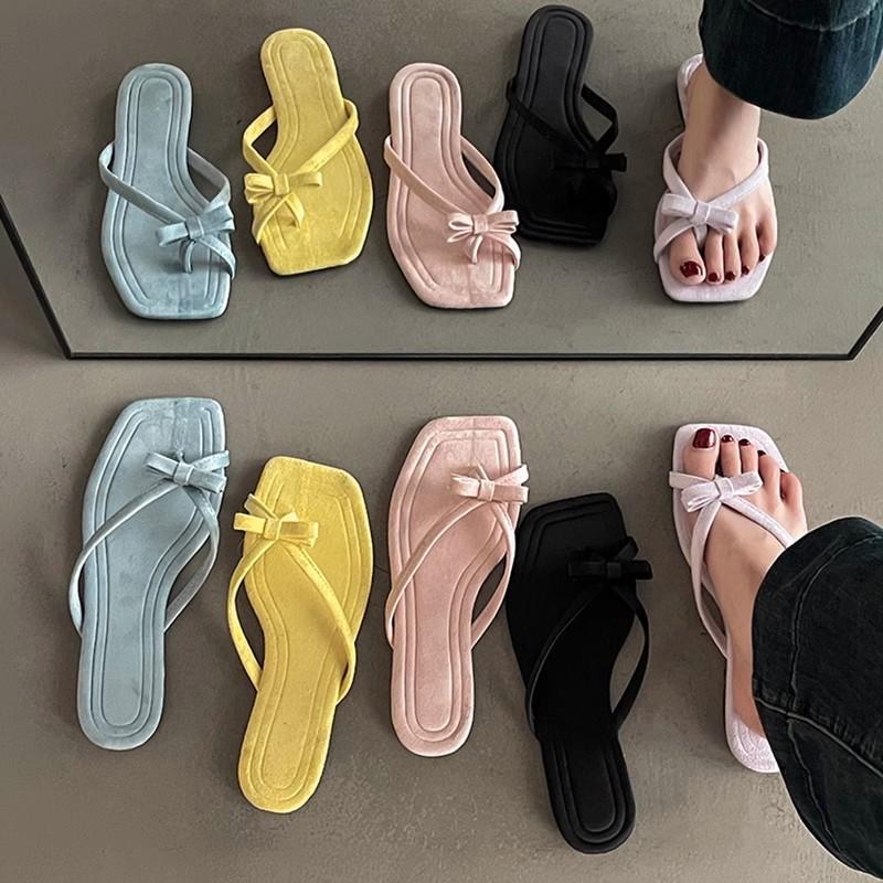 French thick heel sandals new bow cover toe cool slippers summer fairy wind vacation stepping on shit flip-flops sandals