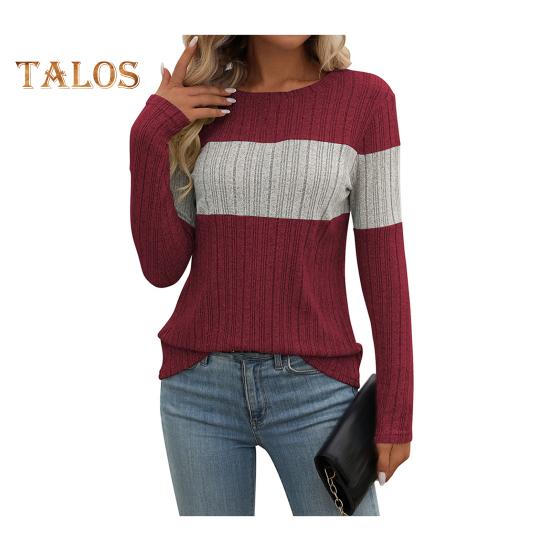 

Женские топы с круглым вырезом и длинным рукавом, цветные ребристые трикотажные топы свободного кроя, повседневные свитера, повседневная одежда XL