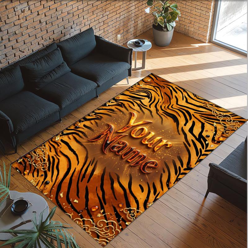 Lion Tiger Theme Crystal Velvet Rug Personalized Custom Name Text Soft Floor Mat Home Decor