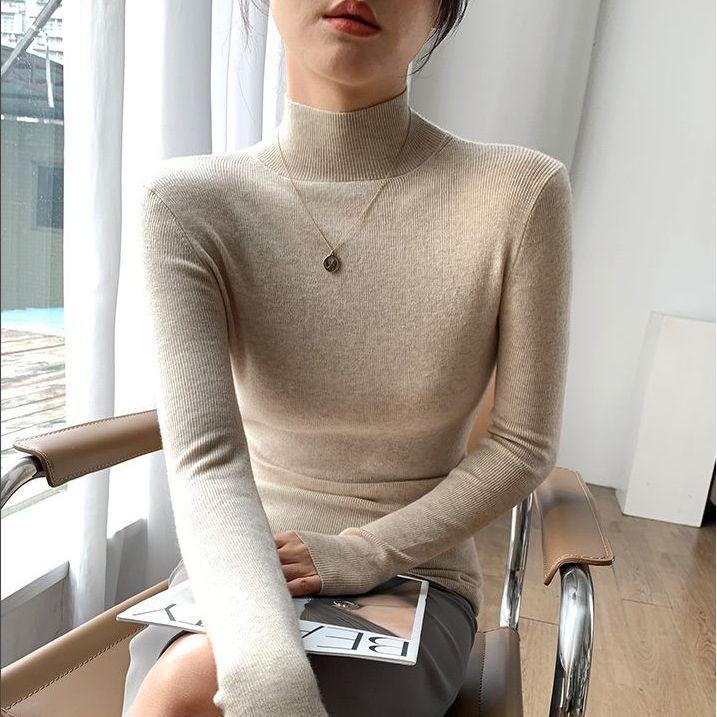 

Женский вязаный джемпер осень-зима с полувысоким воротом, тонкий, с длинными рукавами, свитер, женская трикотажная нижняя рубашка L хаки
