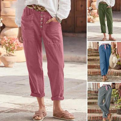 Casual Pants Buttoned Cotton and Linen Loose Casual Pants