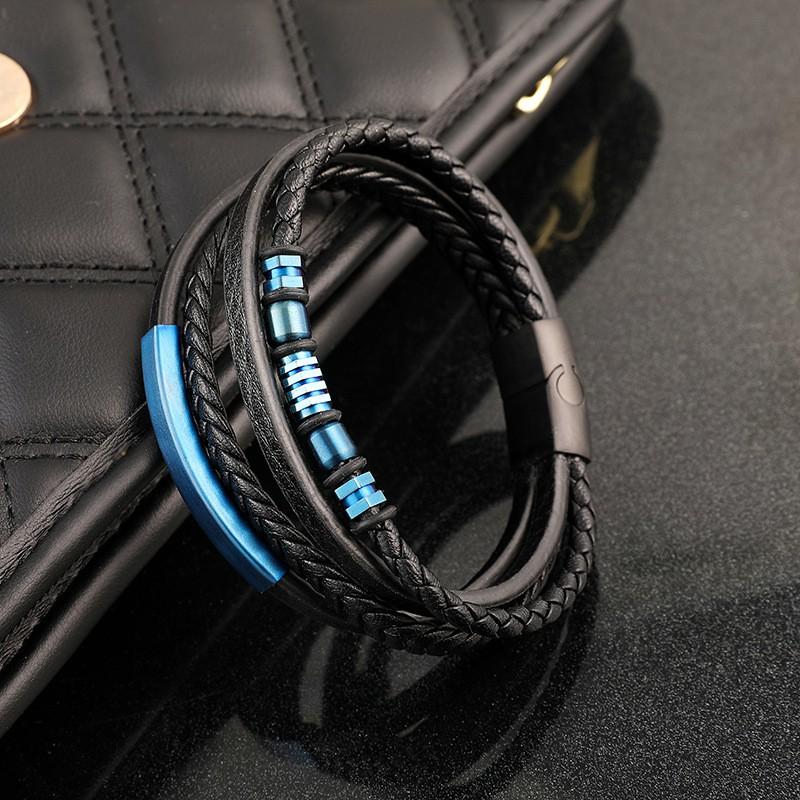 Stainless Steel Mens Braided Leather Wrap Bracelet Geometric Design Cycling Safety Accessory