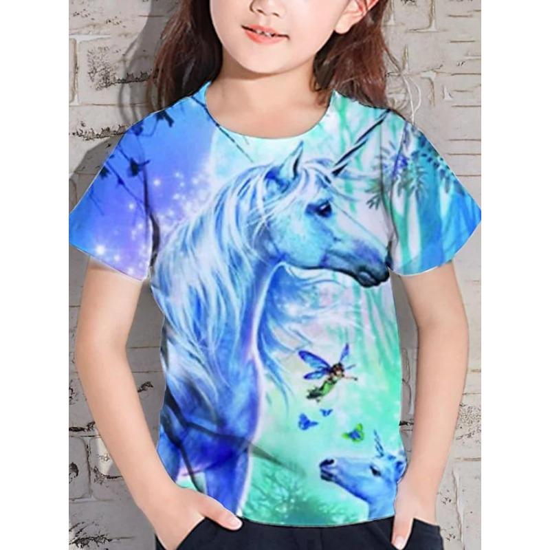 Summer Round Neck 3D Cartoon Horse Printed Top Fashionable Casual Short Sleeved Children's Girl T-shirts