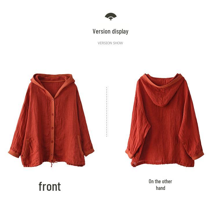 Sommar Retro Bomull Linne Huvförsedd Kofta: Solskyddstopp med lång ärm i plusstorlek