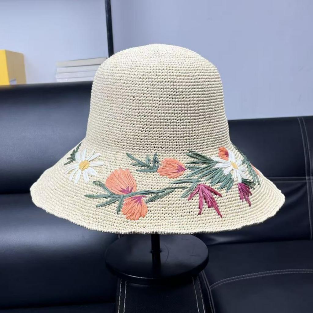 Foldable Fine Grass Crochet Colorful Flower Fisherman Hat Children Summer Seaside Vacation Big Eaves Sunscreen Straw Hat
