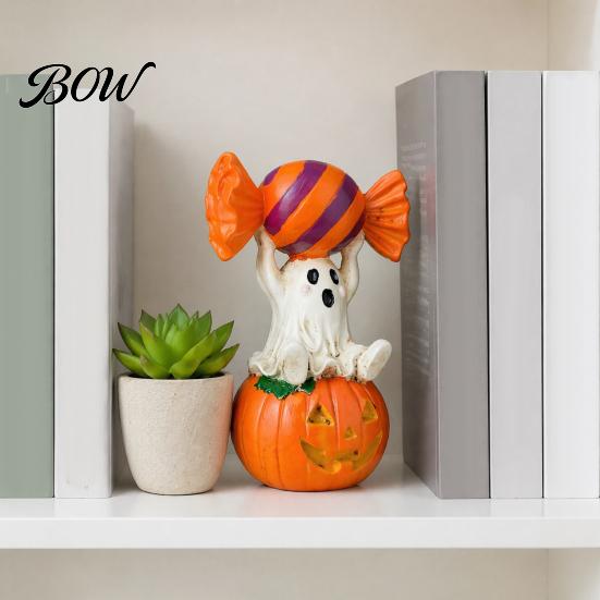 Halloween Party Supplies Ghost Figurine, Cute Sitting on Pumpkin Holding Candy Whimsical Statue Statue, Spooky Resin Table Ornament for Indoor Mantle