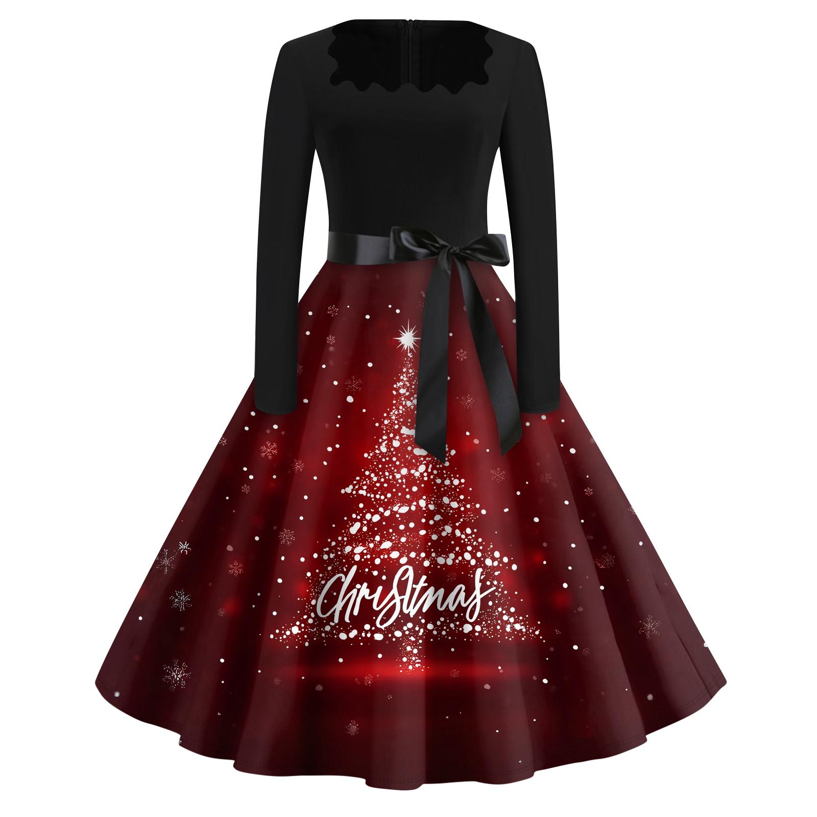 

Рождественский принт расклешенное платье для женщин платье с длинным рукавом ажурное вечернее повседневное платье с квадратным воротником M