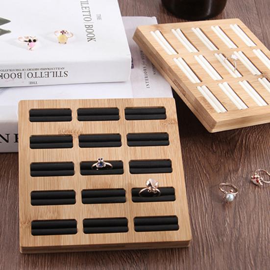 Ring Storage Holder Sturdy Construction Square Shape Smooth Edge Eco-Friendly Burr Free Decorative Wood 15 Slots Ring Display Showcase Organizer Tray