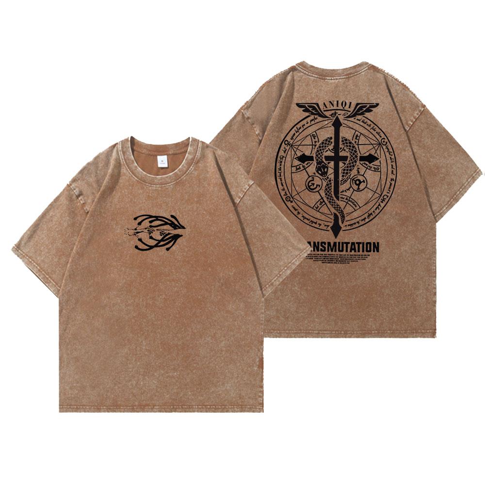 Anime Fullmetal Alchemist Vintage Washed T Shirt Oversize Cotton Tshirts Men Tee Cotton Streetwear Unisex Top
