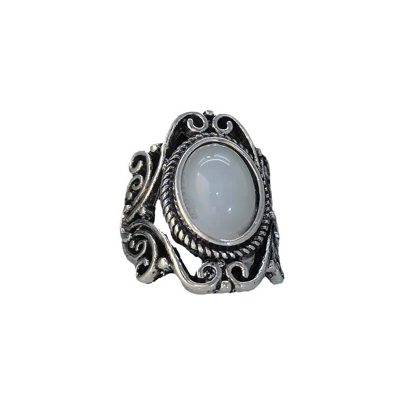 Retro inlaid imitation moonstone ring, hot-selling women's ring in Europe and America, geometric hollow engraved retro ring