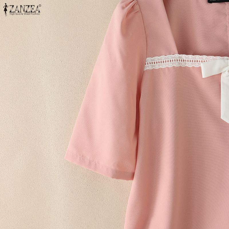 ZANZEA Women Elegant Square Collar Summer Casual Short Sleeve Blouse