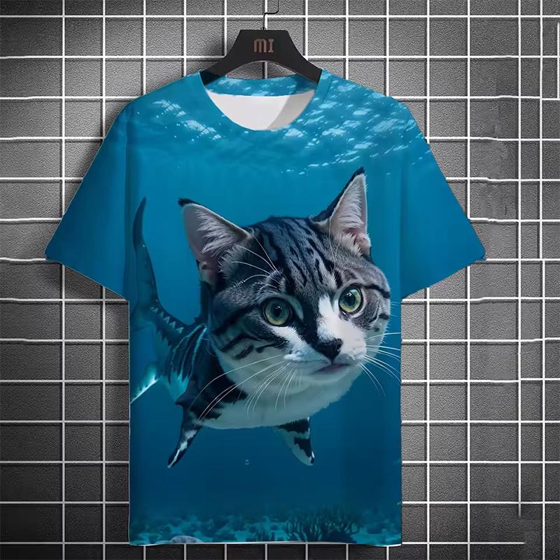 Men's T-shirt 3D Printed Funny Beach Catching Fish Kitten Printed Short Sleeve T-shirt Daily Casual Round Neck T-shirt Polyester