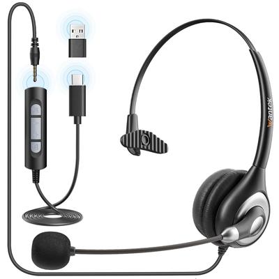 Wantek USB Single Ear with Microphone and Online Wired PC Headphones for Web Remote and Call Clear with USB Connection Type-C 3.5mm Headset,